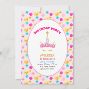 Invitación Cumpleaños de unicornio y caras felices en rosa