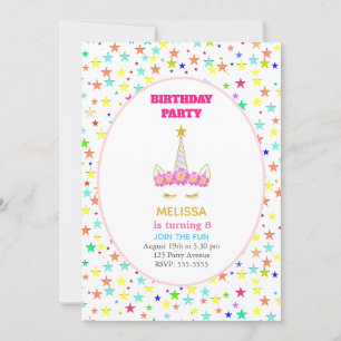 Invitación Cumpleaños de Unicornio y Estrellas Multicolores