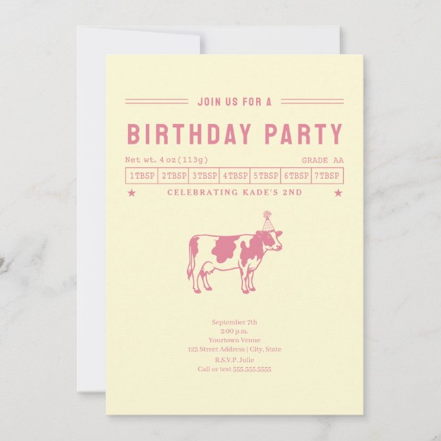 Invitación Cumpleaños de Vaca de Mantequilla Rosa (Anverso)