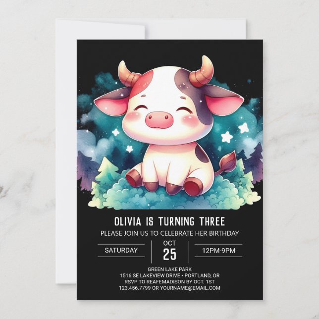 Invitación Cumpleaños de vaca editable para granja (Anverso)