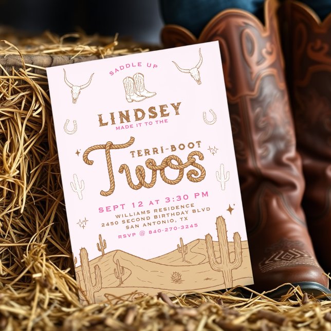 Invitación Cumpleaños de vaquera 2 años Terri-Boot Dos Rosa (Subido por el creador)