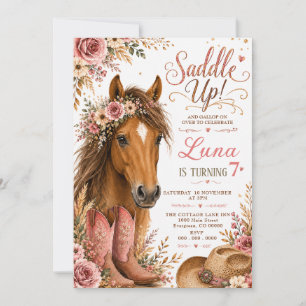 Invitación Cumpleaños de vaquera con caballo floral rosa