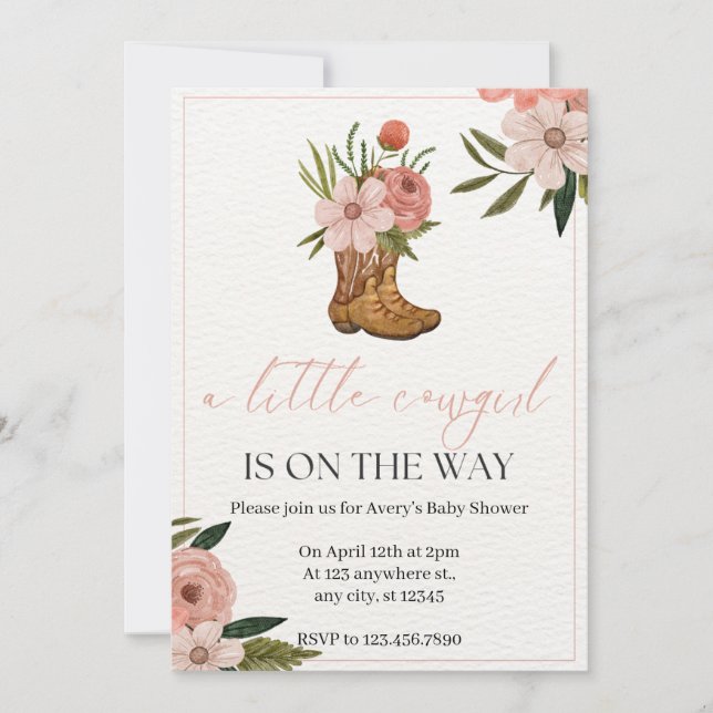 Invitación Cumpleaños de Vaquera con Flores Rosas y Follaje (Anverso)