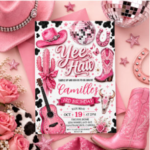 Invitación Cumpleaños de vaquera disco rosa