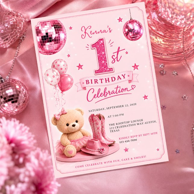 Invitación Cumpleaños de vaquera disco rosa lindo (Subido por el creador)