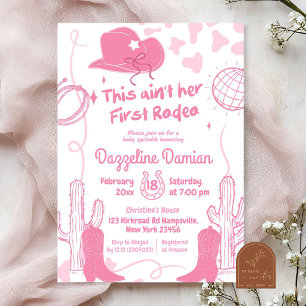 Invitación Cumpleaños de vaquera disco Yeehaw con lazo rosa p