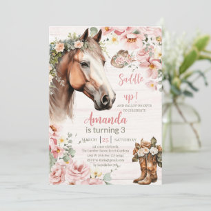 Invitación Cumpleaños de vaquera montando a caballo con flore