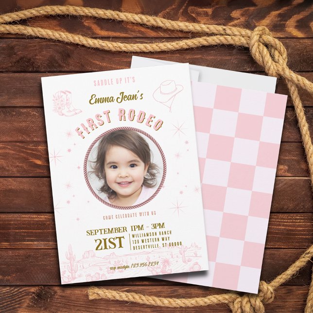 Invitación Cumpleaños de vaquera rosa primera rodeo niña  (Pink Cowgirl First Rodeo Girl Birthday Invitation
)
