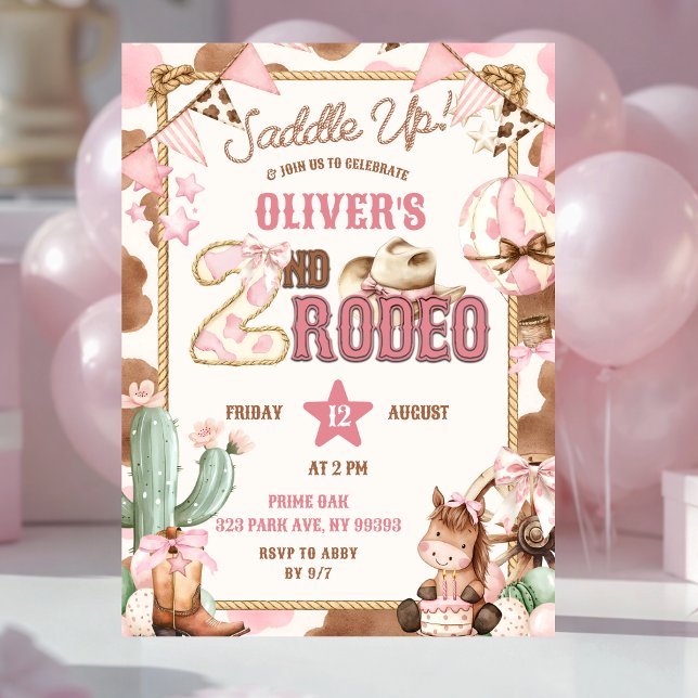 Invitación Cumpleaños de vaquera rosa Saddle Up Second Rodeo (Subido por el creador)