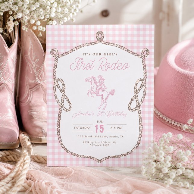 Invitación Cumpleaños de vaquero de primer rodeo de gingham r (Subido por el creador)