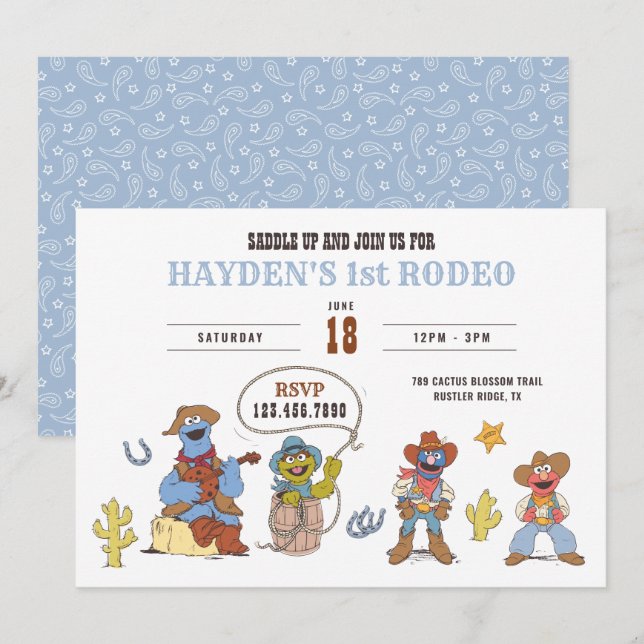 Invitación Cumpleaños de vaquero de rodeo de la calle Sesame (Anverso / Reverso)