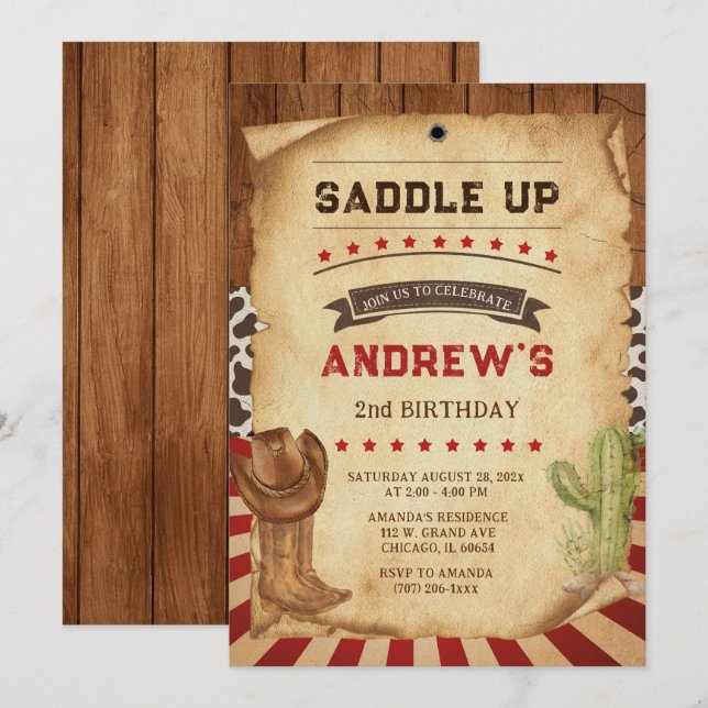 Invitación Cumpleaños de vaquero personalizado 2 años (Anverso / Reverso)