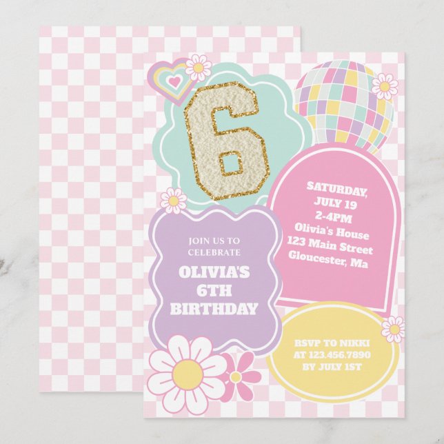 Invitación Cumpleaños de varsity preppy pastel parche (Anverso / Reverso)
