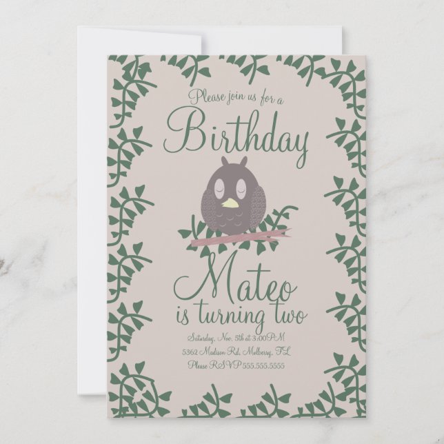 Invitación Cumpleaños de vegetación de búho del bosque rústic (Anverso)