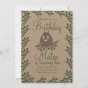 Invitación Cumpleaños de vegetación de búho del bosque rústic