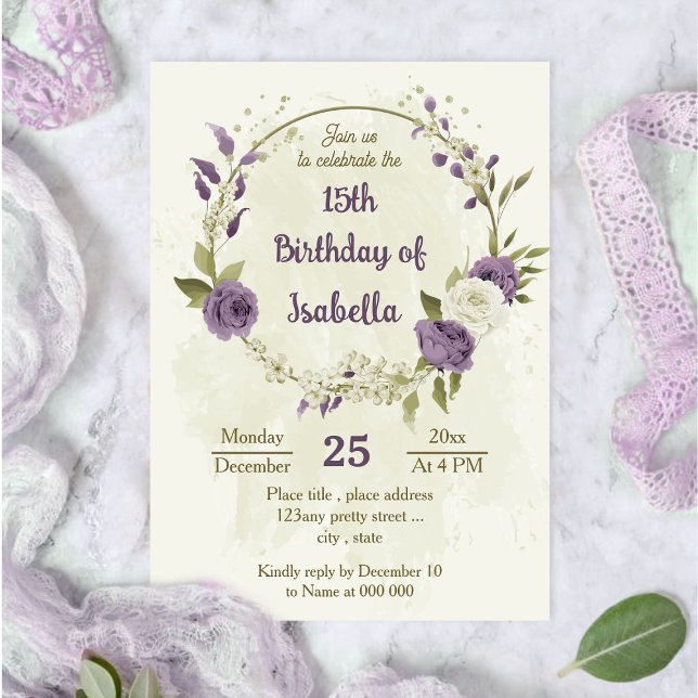 Invitación cumpleaños de vegetación de flores blancas malvas (Subido por el creador)