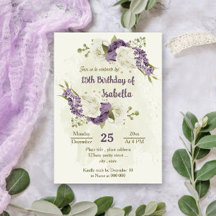 Invitación cumpleaños de vegetación de flores blancas malvas