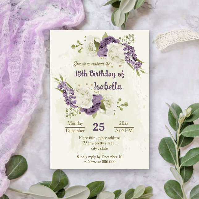 Invitación cumpleaños de vegetación de flores blancas malvas (Subido por el creador)
