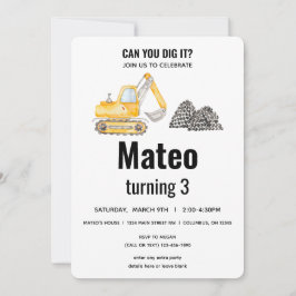 Invitación Cumpleaños de Vehículo de Construcción Excavadora