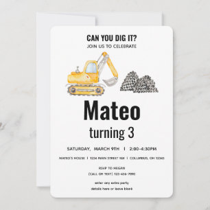 Invitación Cumpleaños de Vehículo de Construcción Excavadora
