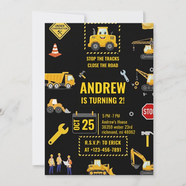 Invitación Cumpleaños de Vehículos de Construcción Digital (Anverso)