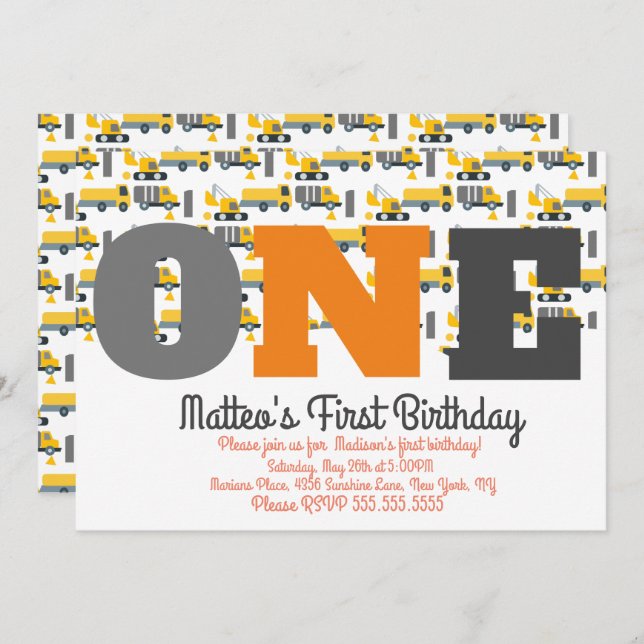 Invitación Cumpleaños de Vehículos de Construcción El Grande (Anverso / Reverso)