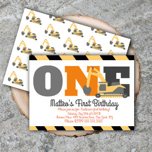 Invitación Cumpleaños de Vehículos de Construcción Primer Cum