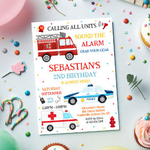 Invitación Cumpleaños de Vehículos de Emergencia de Primeros