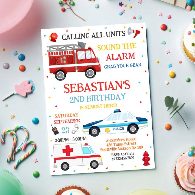 Invitación Cumpleaños de Vehículos de Emergencia de Primeros  (Subido por el creador)
