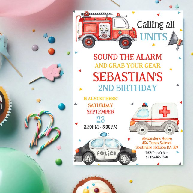 Invitación Cumpleaños de Vehículos de Emergencia de Primeros  (Subido por el creador)