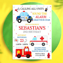 Invitación Cumpleaños de Vehículos de Emergencia de Primeros 