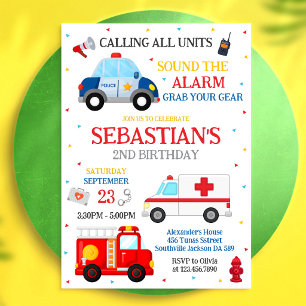 Invitación Cumpleaños de Vehículos de Emergencia de Primeros