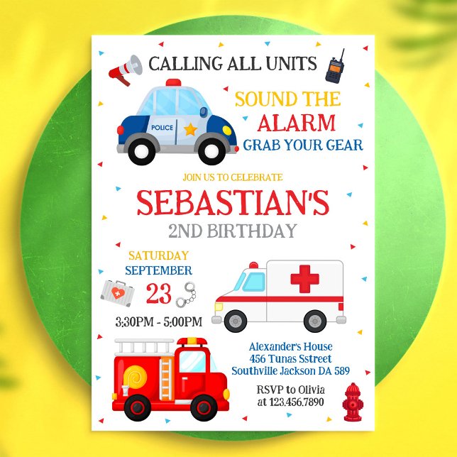 Invitación Cumpleaños de Vehículos de Emergencia de Primeros  (Subido por el creador)