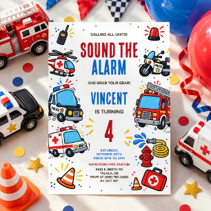Invitación Cumpleaños de Vehículos de Emergencia de Primeros