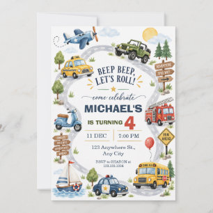 Invitación Cumpleaños de Vehículos de Transporte Acuarela