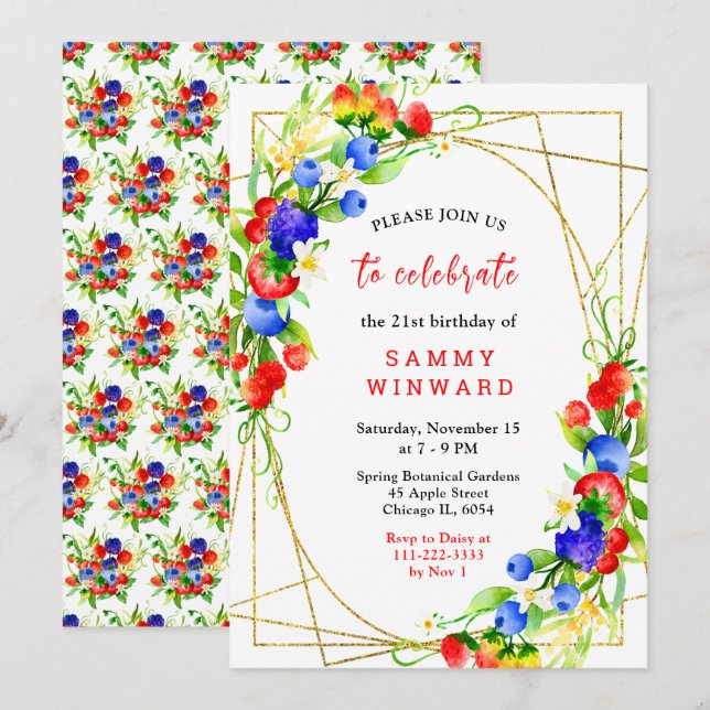 Invitación Cumpleaños de Verano con Frutas del Bosque (Anverso / Reverso)