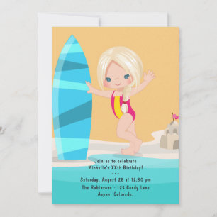 Invitación Cumpleaños de verano de chica rubia en la playa