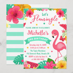 Invitación Cumpleaños de verano de flamencos tropicales niños