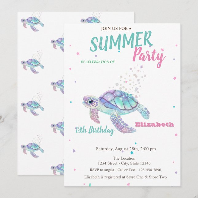 Invitación Cumpleaños de verano de la tortuga purpurina (Anverso / Reverso)