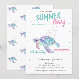 Invitación Cumpleaños de verano de la tortuga purpurina