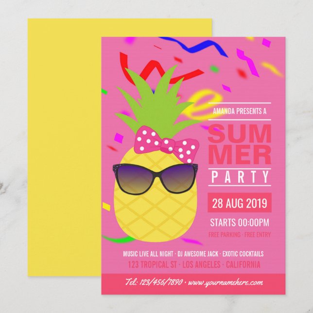 Invitación Cumpleaños de verano de piña (Anverso / Reverso)