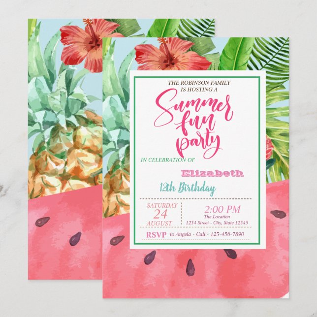 Invitación Cumpleaños de verano de piña, sandía, hojas de pal (Anverso / Reverso)