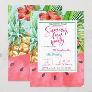 Invitación Cumpleaños de verano de piña, sandía, hojas de pal