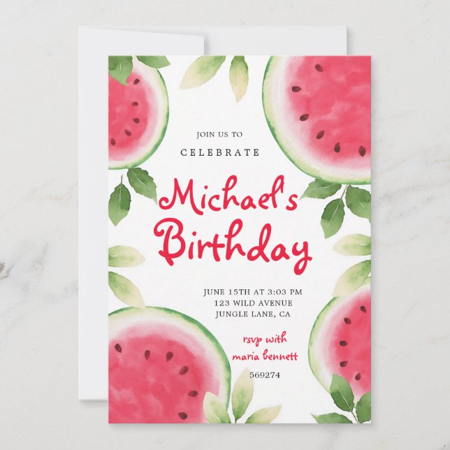 Invitación Cumpleaños de verano de sandía roja (Anverso)