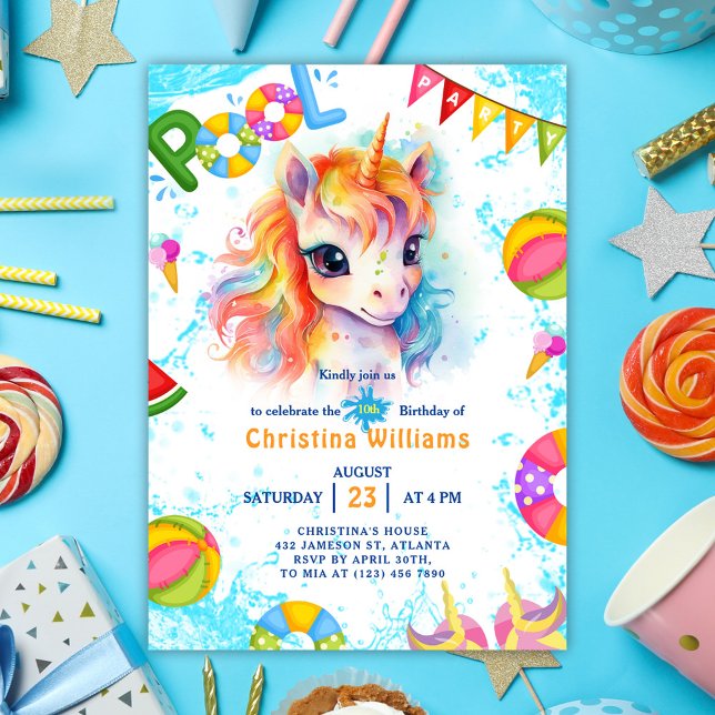 Invitación Cumpleaños de verano de Unicorn, Fiesta de billar (Pool Party Unicorn Summer Birthday Invitation)