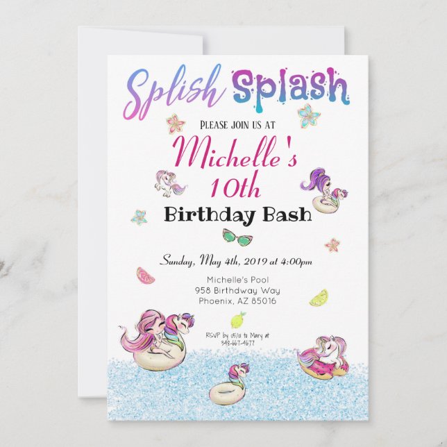 Invitación Cumpleaños de verano del Chica Purpurina de Fiesta (Anverso)