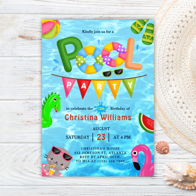 Invitación Cumpleaños de verano del Fiesta de la piscina (Pool Party Water Summer Birthday Invitation)