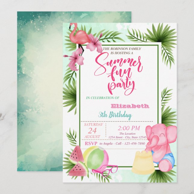 Invitación Cumpleaños de verano hoja de palma de sandía flame (Anverso / Reverso)