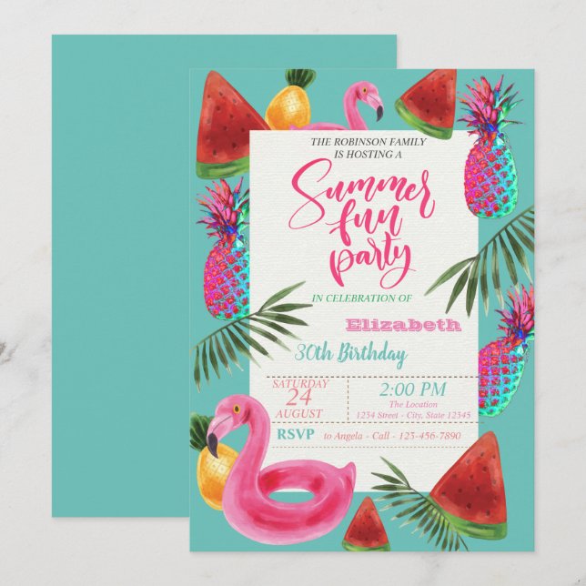 Invitación Cumpleaños de verano, piña, sandía (Anverso / Reverso)