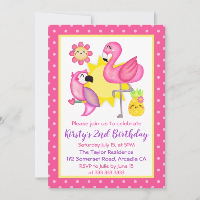 Invitación Cumpleaños de verano tropical Flamingo y loro  (Anverso)
